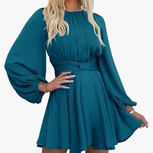 Mitilly Teal Blue Fit & Flare Mini Dress | Bishop Sleeves Small NWOT